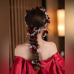 Bridal Pearl & Red Bow Hair Accessories + Earrings